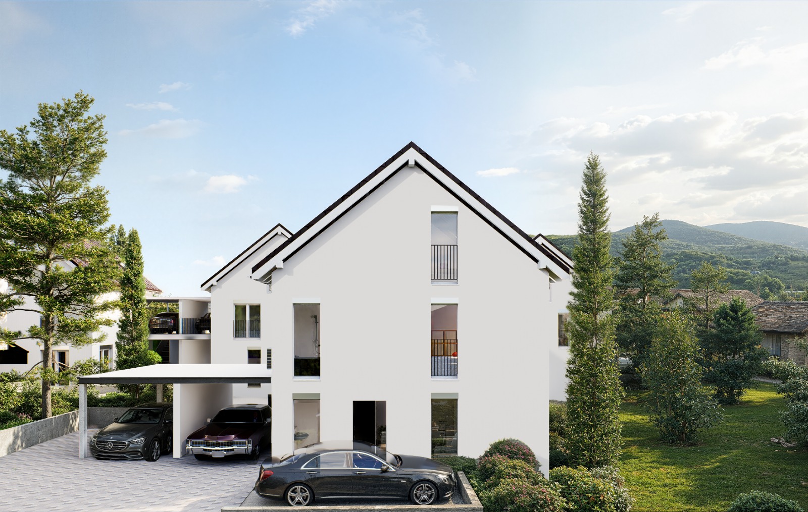 Haus D Aussenansicht mit Carport und Garten